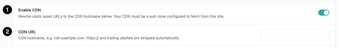 The CDN master switch and hostname field