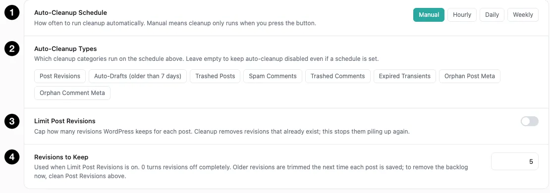 Auto-cleanup schedule, types, and the revision limit