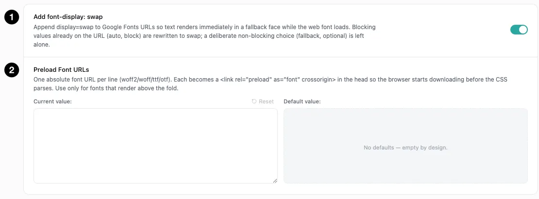 The font optimization settings
