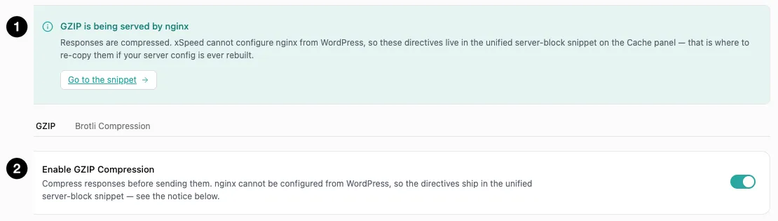 The GZIP status notice and toggle