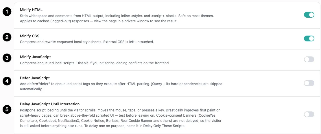 The core minify and script-loading settings