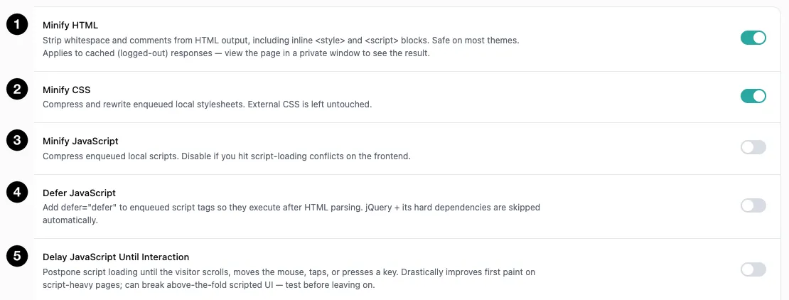 The core minify and script-loading settings