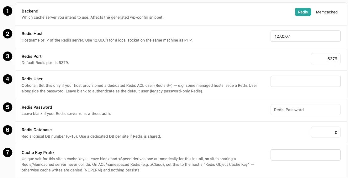 The object cache connection settings
