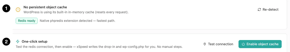 Object cache status and one-click setup