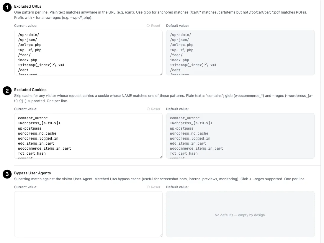 Excluded URLs, cookies and user agents