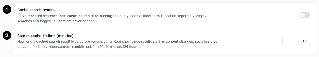 The search caching settings