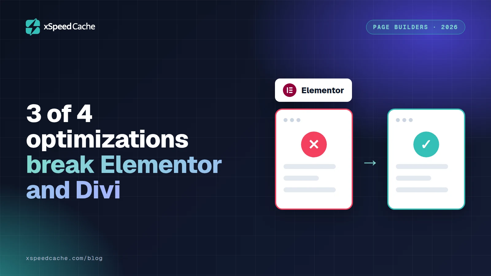 3 of 4 optimizations break Elementor and Divi, with the Elementor logo, xSpeed cover
