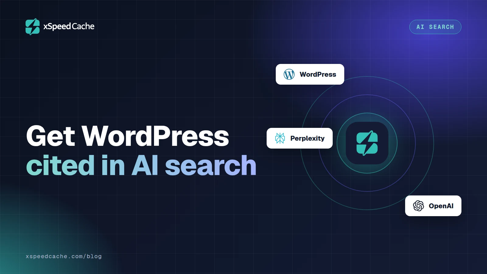 Get WordPress cited in AI search, with the WordPress, OpenAI and Perplexity logos, xSpeed cover