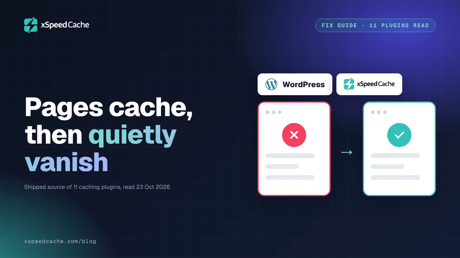 Cover reading "Pages cache, then quietly vanish", with WordPress and xSpeed Cache logo chips above two browser cards, one marked with a red cross and one with a teal tick.
