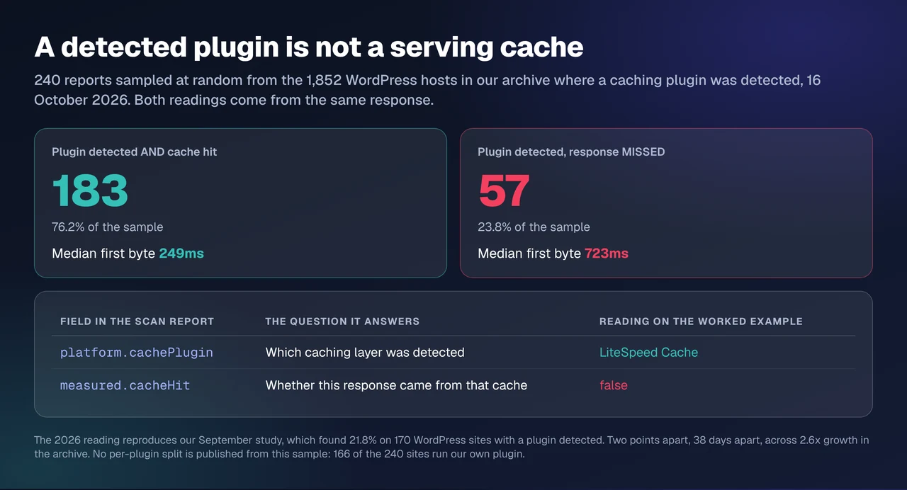 A detected plugin against a serving cache: 183 of 240 sampled WordPress sites served a cache hit and 57 did not, with median first byte of 249ms on hits against 723ms on misses