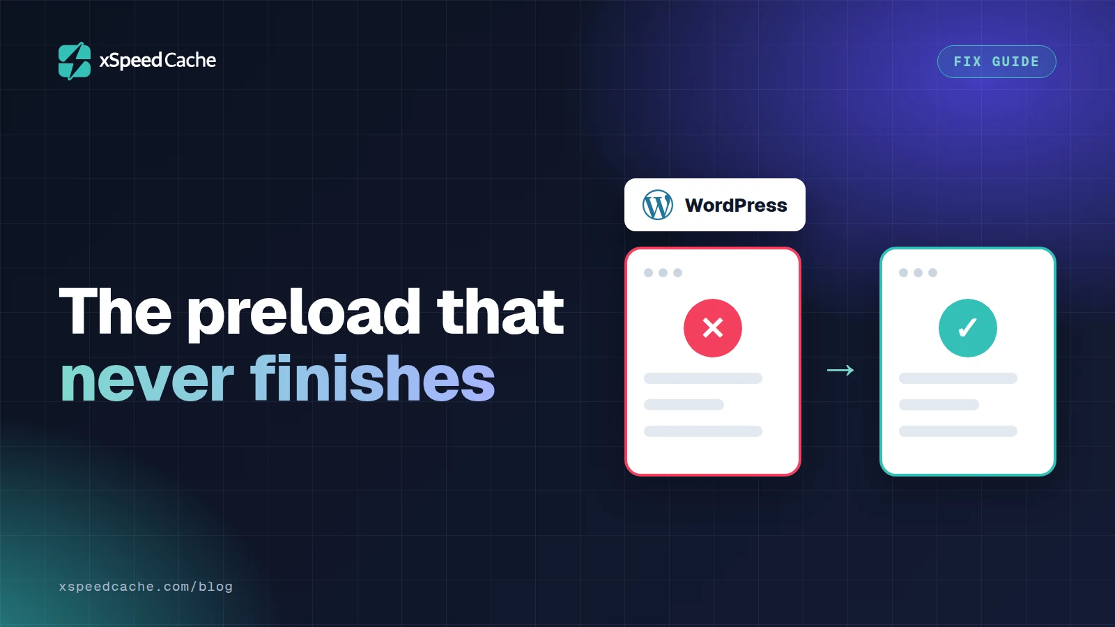 The preload that never finishes, with the WordPress logo, xSpeed cover