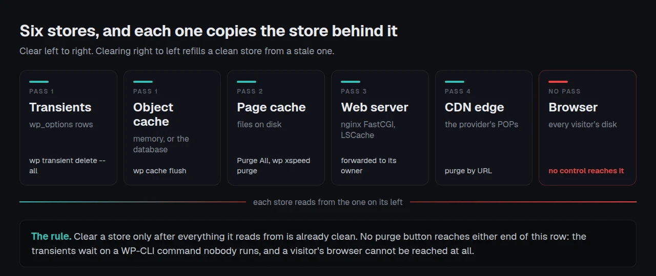 Transients and the object cache feed PHP, PHP feeds the page cache, that feeds the web server cache, then the CDN edge, then the browser. Clearing outward-in refills a clean store from a stale one.
