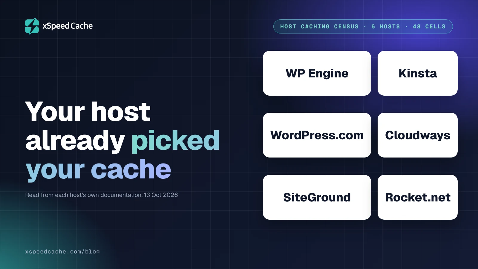 Dark xSpeed Cache cover reading "Your host already picked your cache", with name chips for WP Engine, Kinsta, WordPress.com, Cloudways, SiteGround and Rocket.net, kicker "Host caching census, 6 hosts, 48 cells"