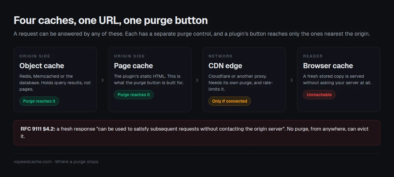 Four cache layers sit between WordPress and the reader: object cache, page cache, CDN edge and browser cache. A plugin purge reaches the page cache and sometimes the CDN, and can never reach a visitor's browser.