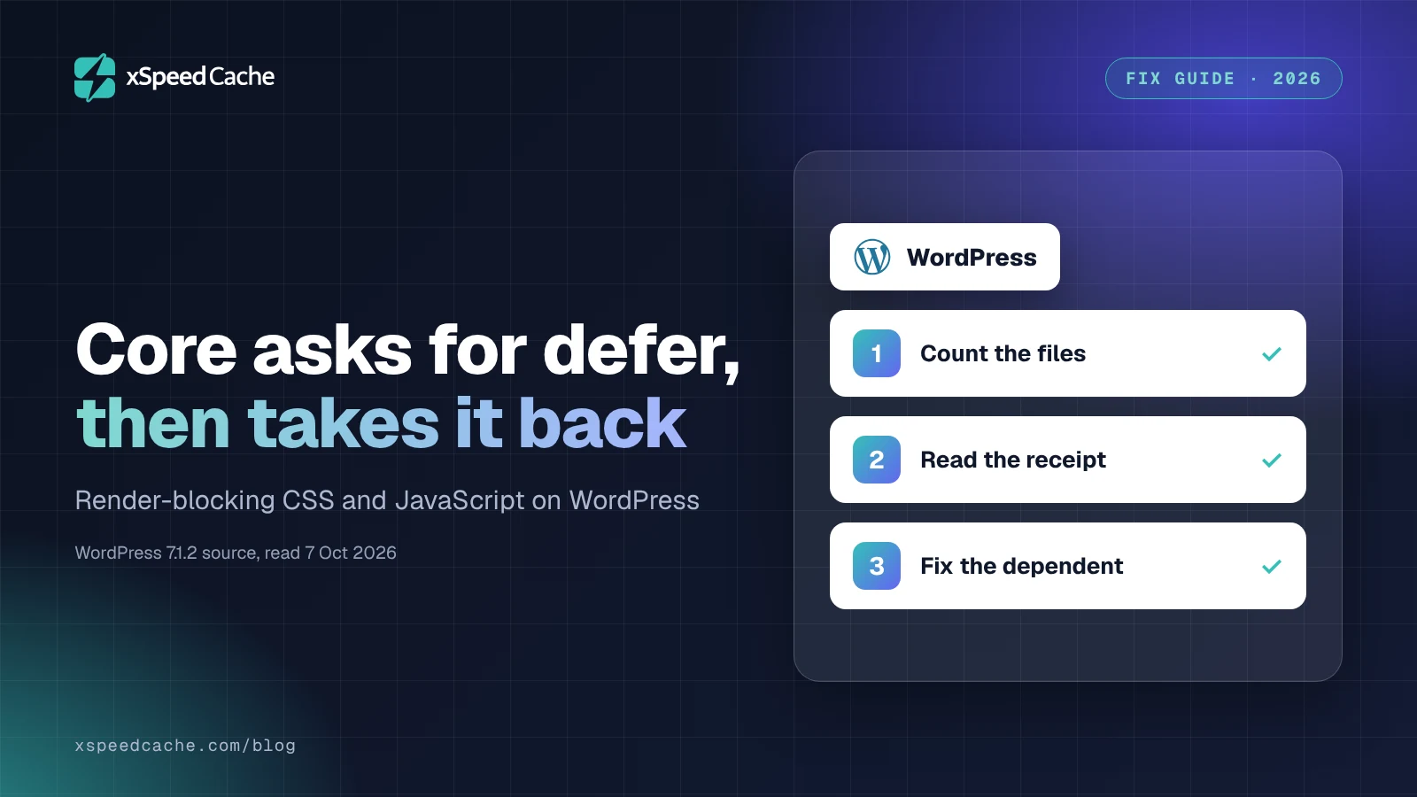 xSpeed Cache cover with the WordPress logo, headline "Core asks for defer, then takes it back", and three steps: count the files, read the receipt, fix the dependent.