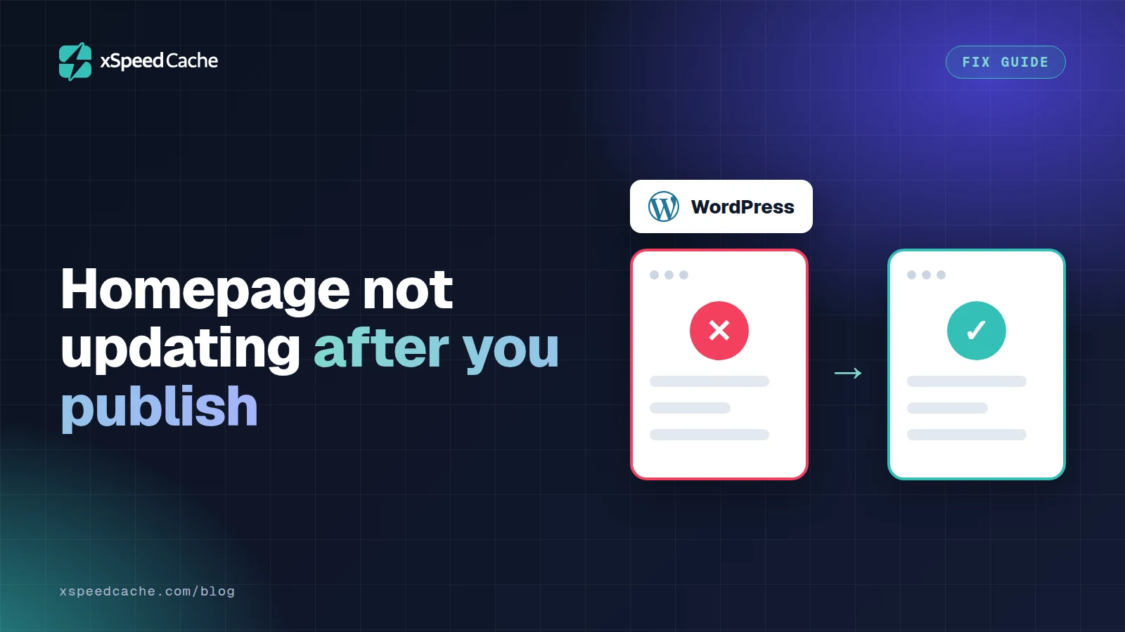 Homepage not updating after you publish, with the WordPress logo, xSpeed cover