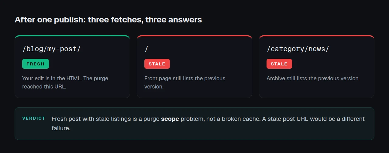 Three URLs after one publish: the post is fresh, the homepage and the category archive still serve the old copy