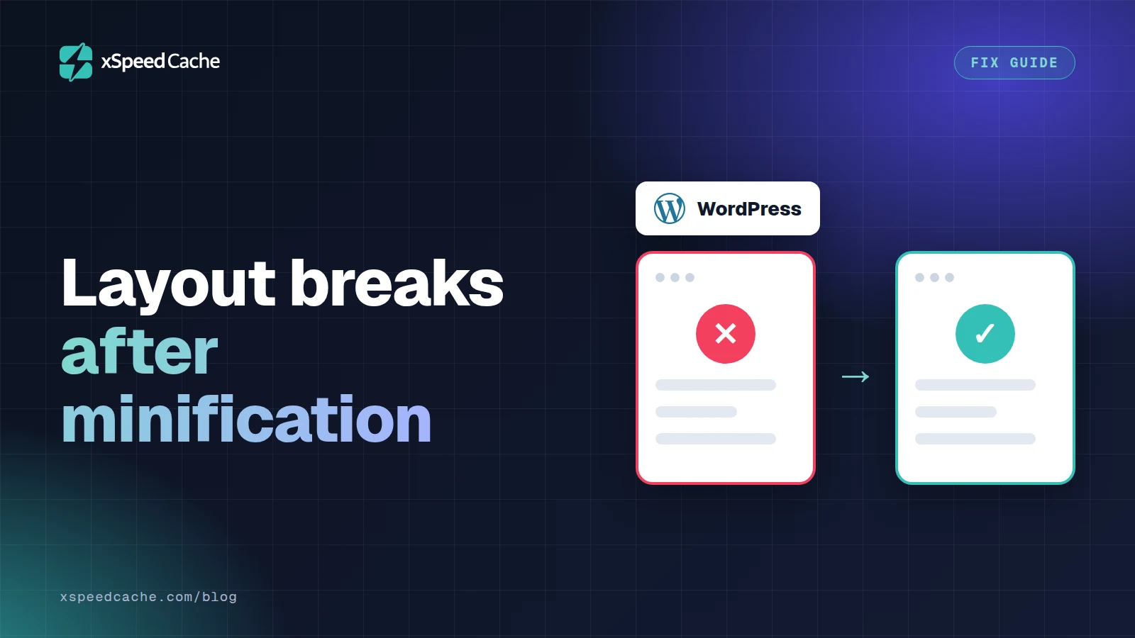 Layout breaks after minification, with the WordPress logo, xSpeed cover