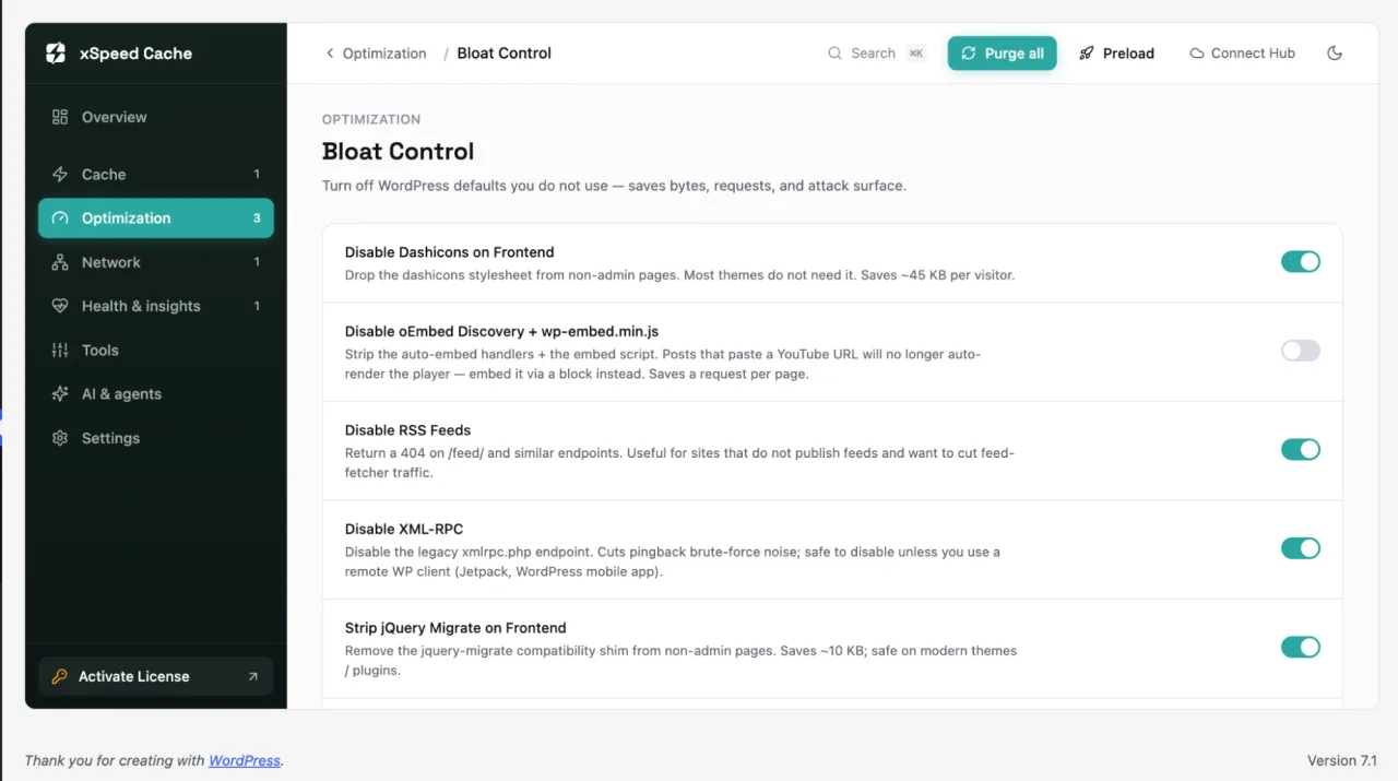 The xSpeed Cache Bloat Control screen with toggles for Dashicons, oEmbed discovery, RSS feeds, XML-RPC and jQuery Migrate