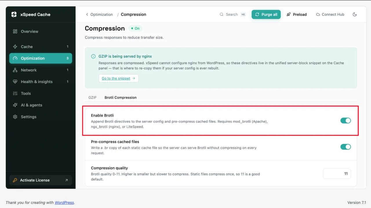 The xSpeed Cache Compression screen with Enable Brotli and pre-compressed cached files switched on and a compression quality of 11