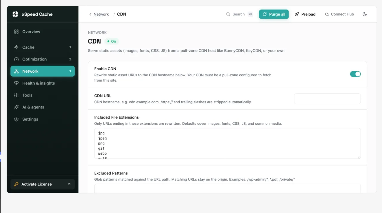 The xSpeed Cache CDN screen with CDN rewriting switched on, a CDN URL field, the included file extensions list and excluded patterns