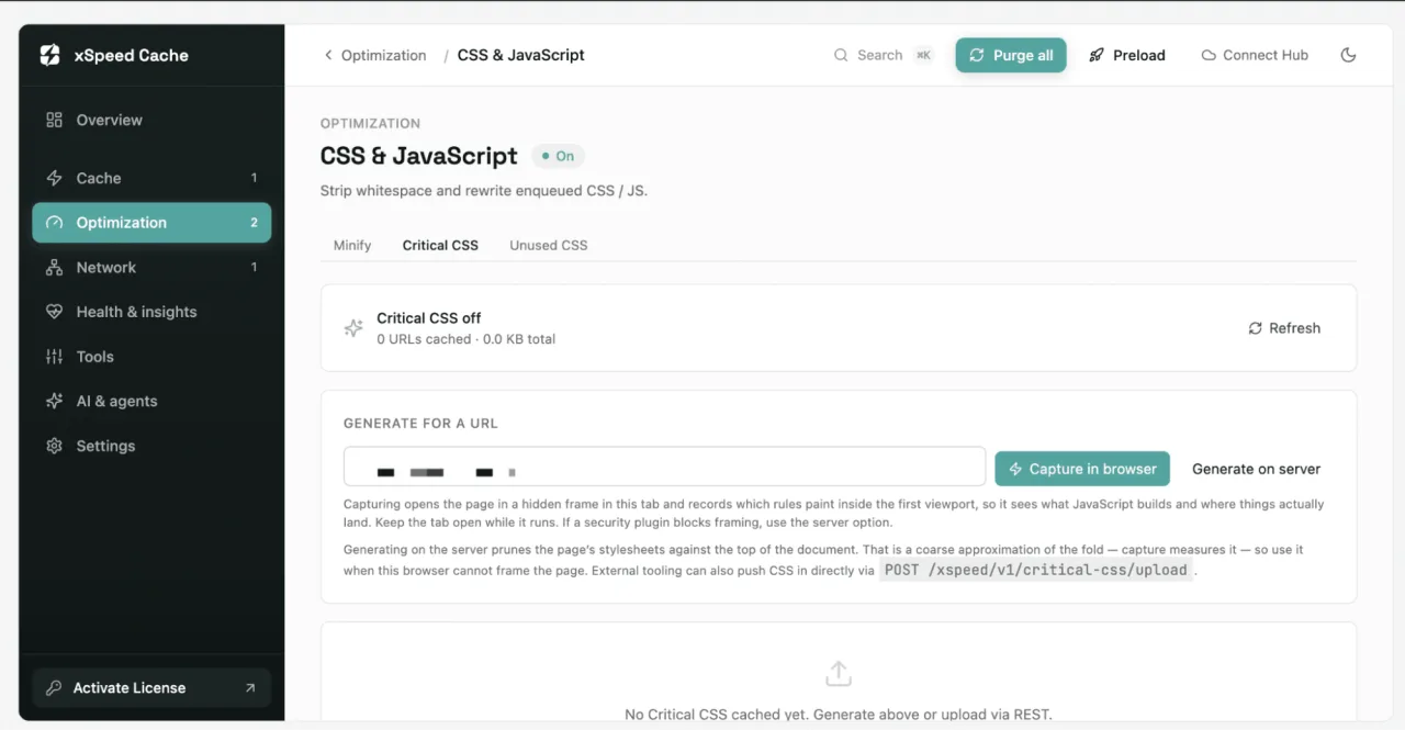 The xSpeed Cache CSS and JavaScript screen on the Critical CSS tab, with a URL field and the choice to capture in the browser or generate on the server