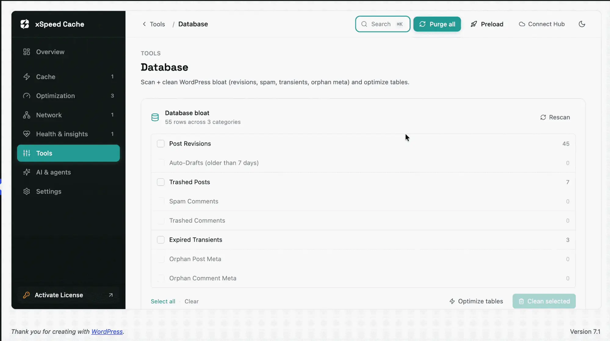 The xSpeed Cache Database tool listing post revisions, trashed posts and expired transients to clean, with Optimize tables and Clean selected actions