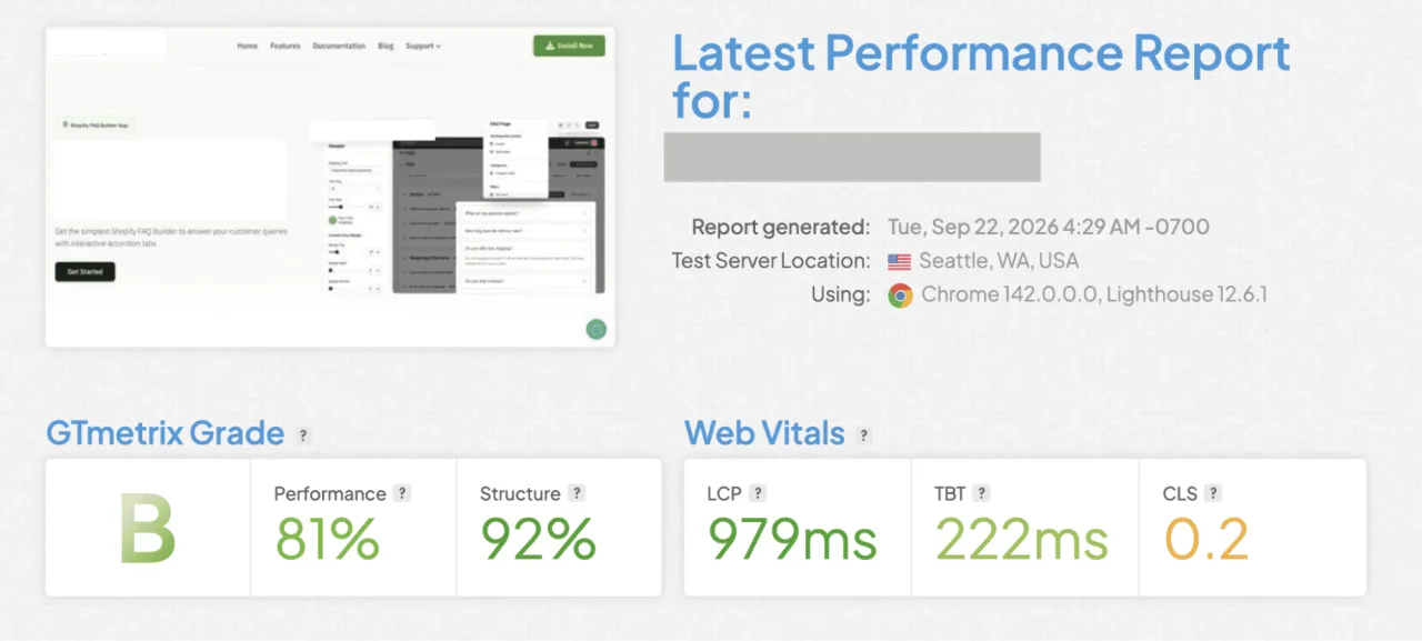 A GTmetrix performance report showing a B grade, 81% performance, 92% structure, and Web Vitals of 979ms LCP, 222ms TBT and 0.2 CLS