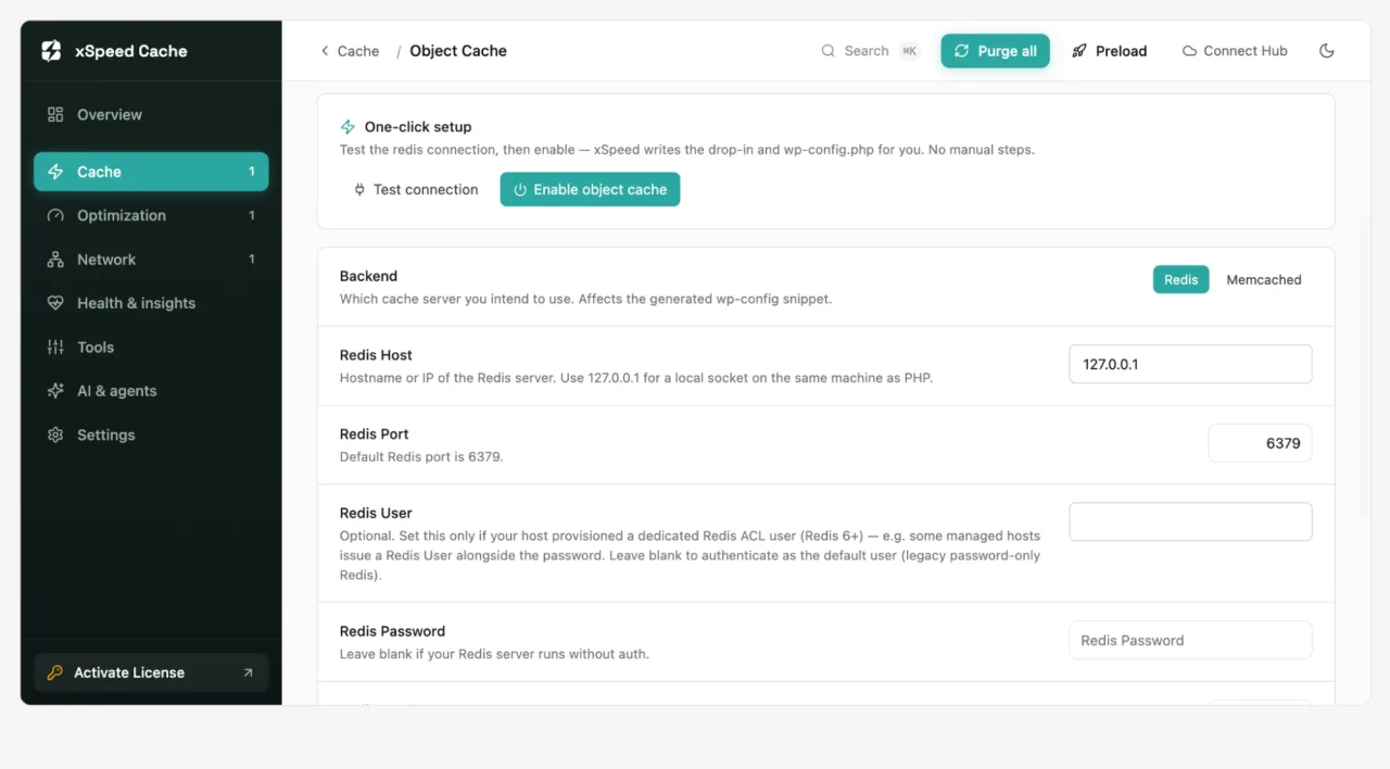 The xSpeed Cache Object Cache screen with one-click setup, a Redis or Memcached backend choice, and Redis host, port, user and password fields
