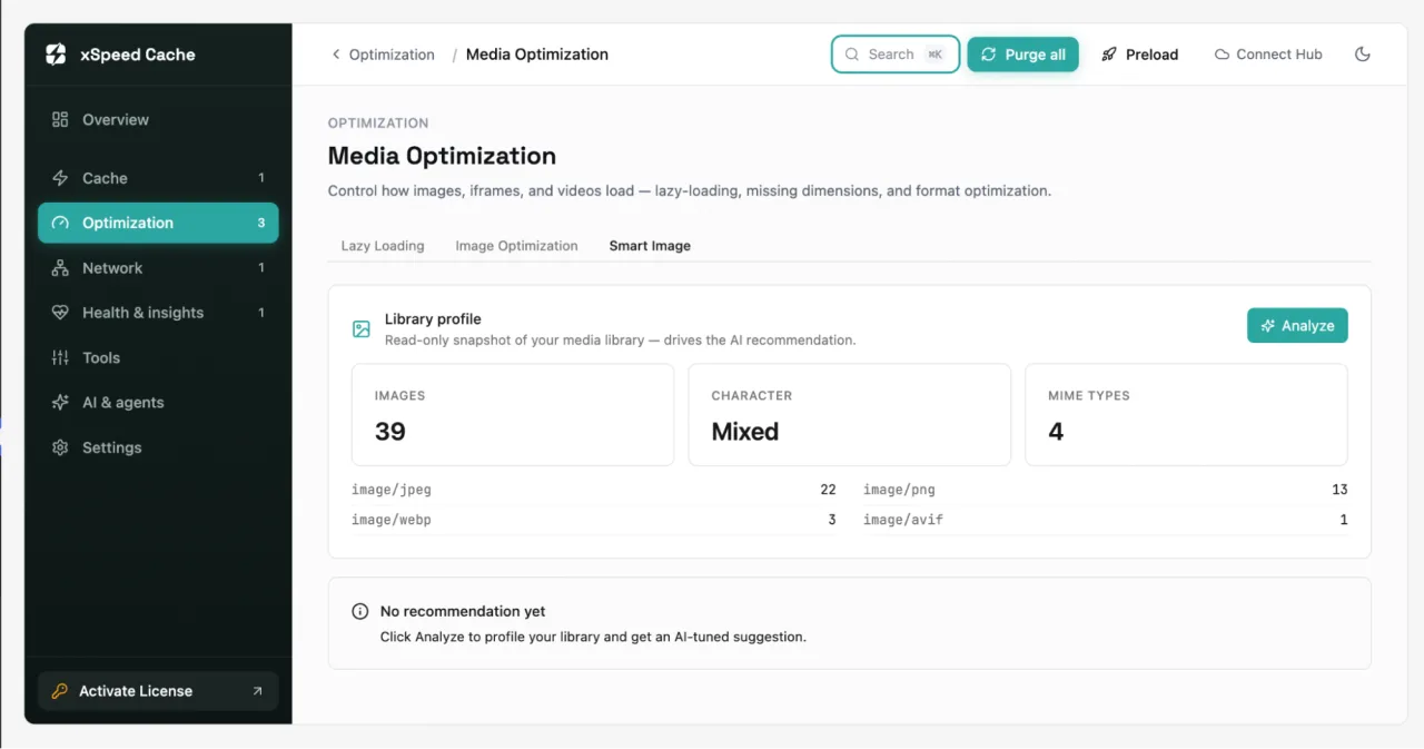 The xSpeed Cache Smart Image tab profiling a media library of 39 images across JPEG, PNG, WebP and AVIF, with an Analyze button for an AI recommendation
