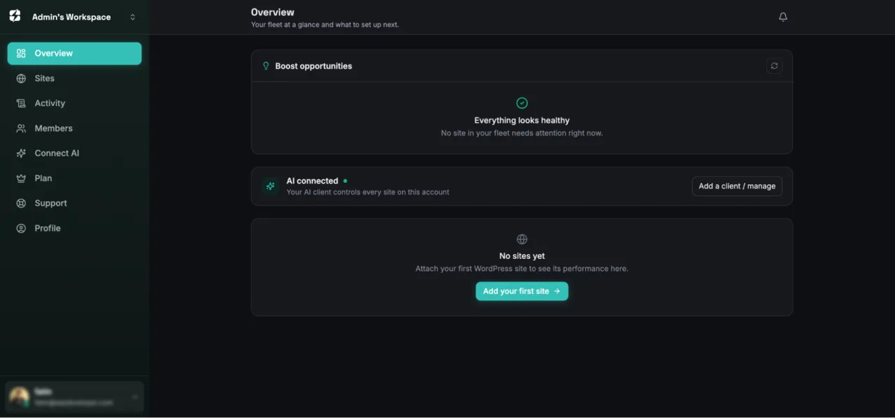 The xSpeed Hub overview screen showing boost opportunities, an AI connected status, and the option to add your first site
