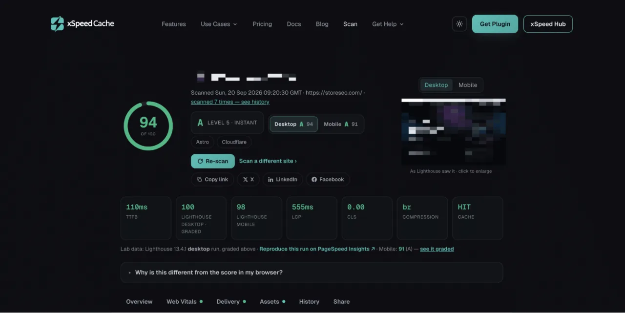An xSpeed Scan report grading a site 94 out of 100, with 110ms TTFB, Lighthouse scores of 100 desktop and 98 mobile, 555ms LCP, 0.00 CLS, Brotli compression and a cache HIT