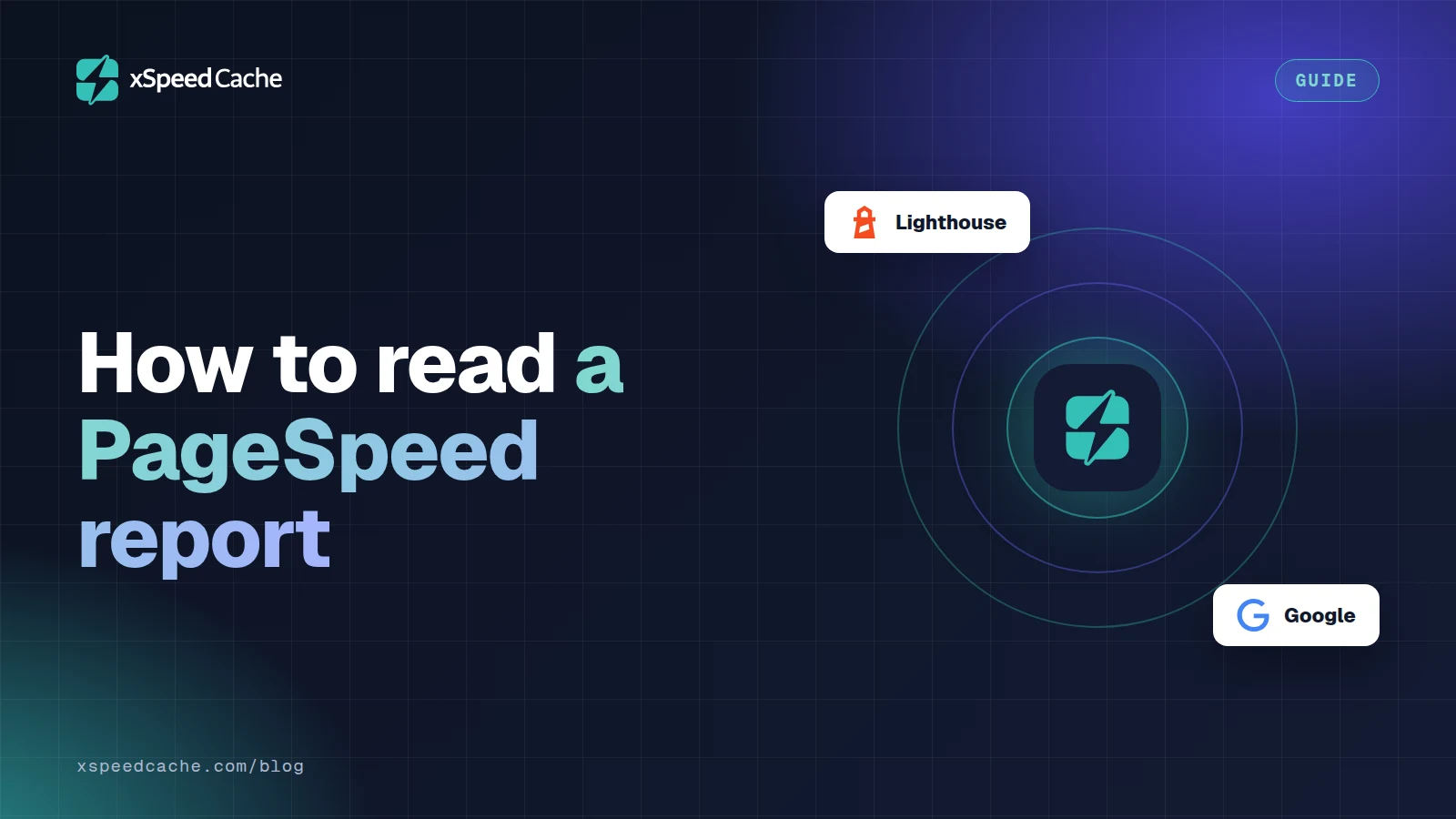 How to read a PageSpeed report, with the Lighthouse and Google logos, xSpeed cover