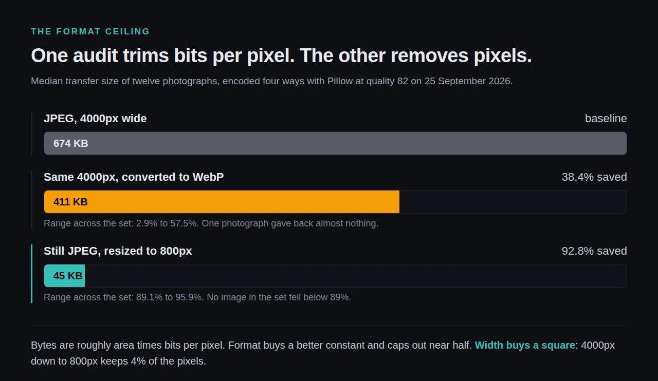 Two PageSpeed audits side by side: the format audit trims bits per pixel, the dimensions audit removes pixels, with 38% and 93% marked