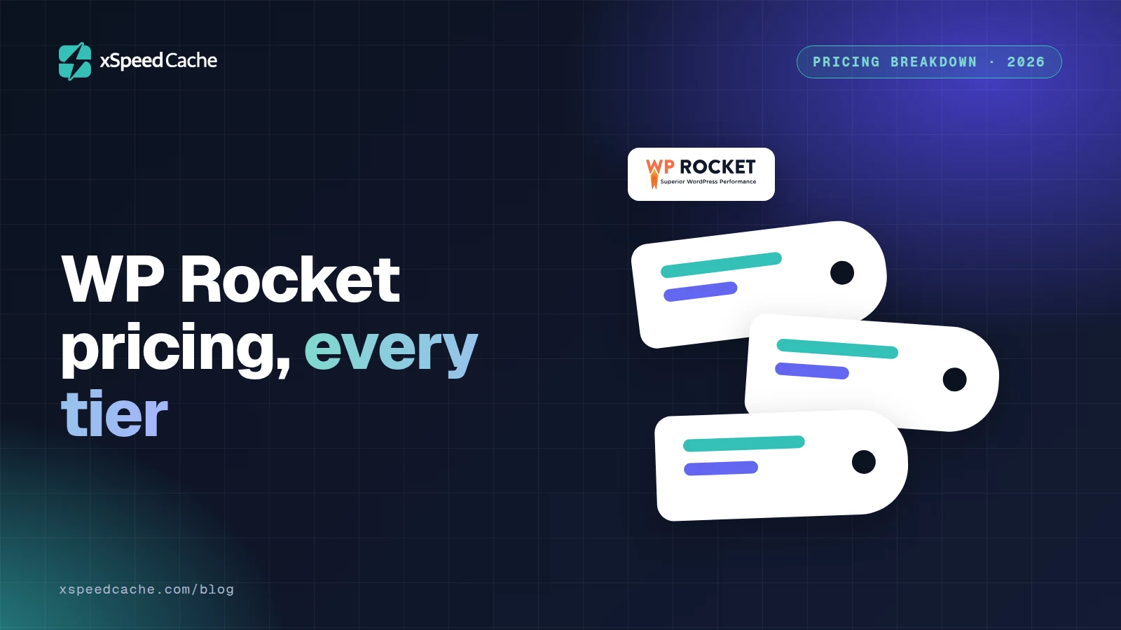 WP Rocket pricing, every tier, with the WP Rocket logo, xSpeed cover