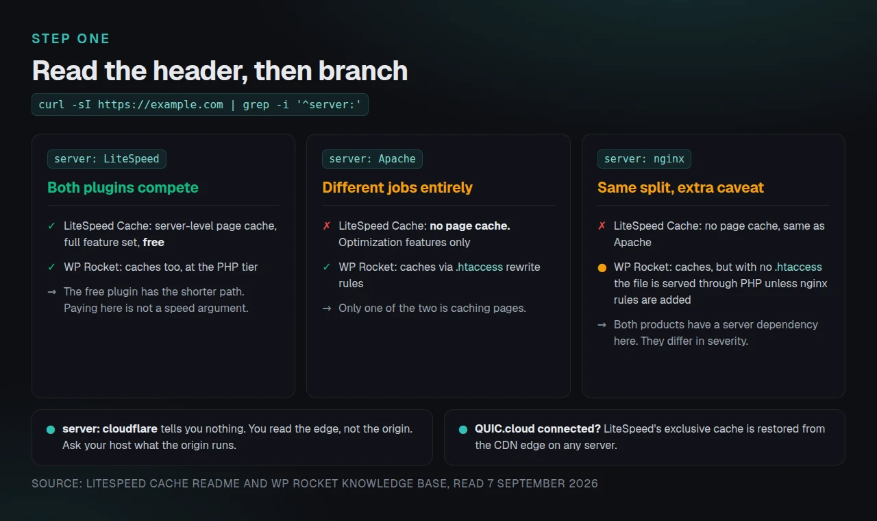 Three server branches. On LiteSpeed both plugins compete and the free one has the shorter path. On Apache, LiteSpeed Cache has no page cache while WP Rocket caches through .htaccess rewrite rules. On nginx the same split applies, and WP Rocket serves its cache through PHP unless nginx rules are added.