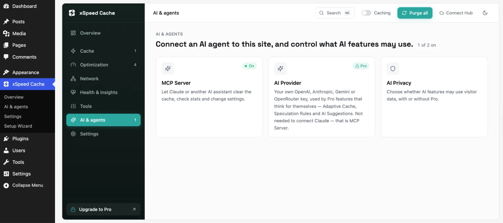 The xSpeed Cache dashboard's AI & agents screen, with three cards: MCP Server (on), AI Provider (Pro) and AI Privacy
