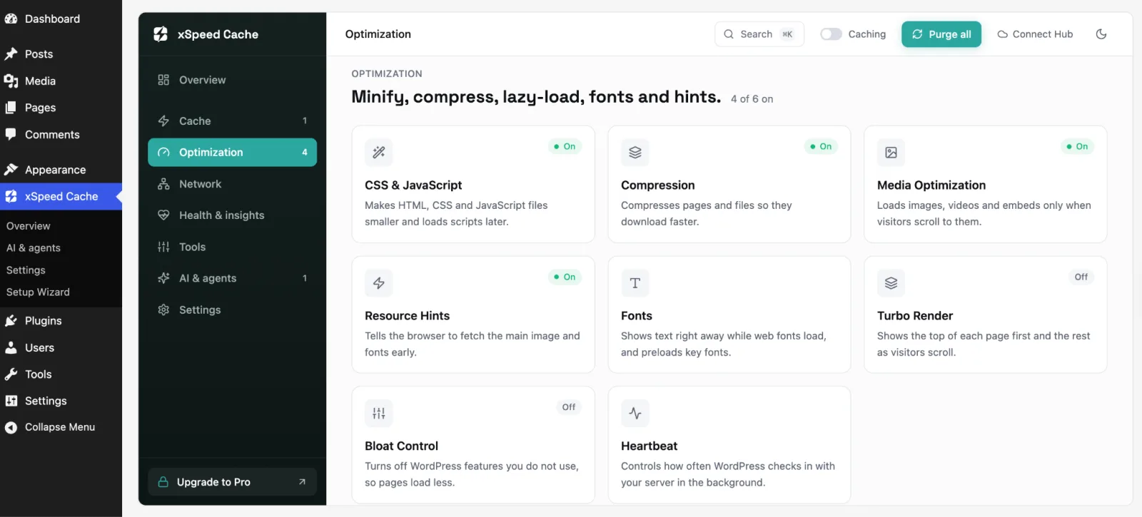 The xSpeed Cache dashboard's Optimization screen: CSS & JavaScript, Compression, Media Optimization, Resource Hints, Fonts, Turbo Render, Bloat Control and Heartbeat