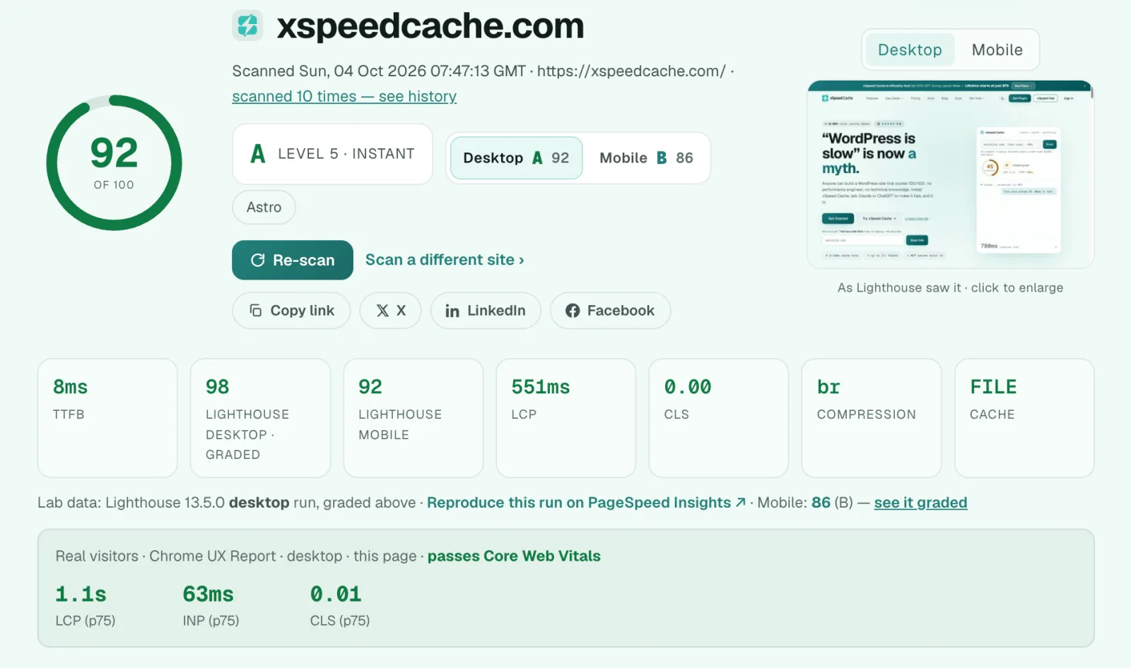 An xSpeed Scan report for xspeedcache.com: 92 of 100, grade A, 8ms TTFB, Lighthouse desktop 98 and mobile 92, and real-visitor data that passes Core Web Vitals