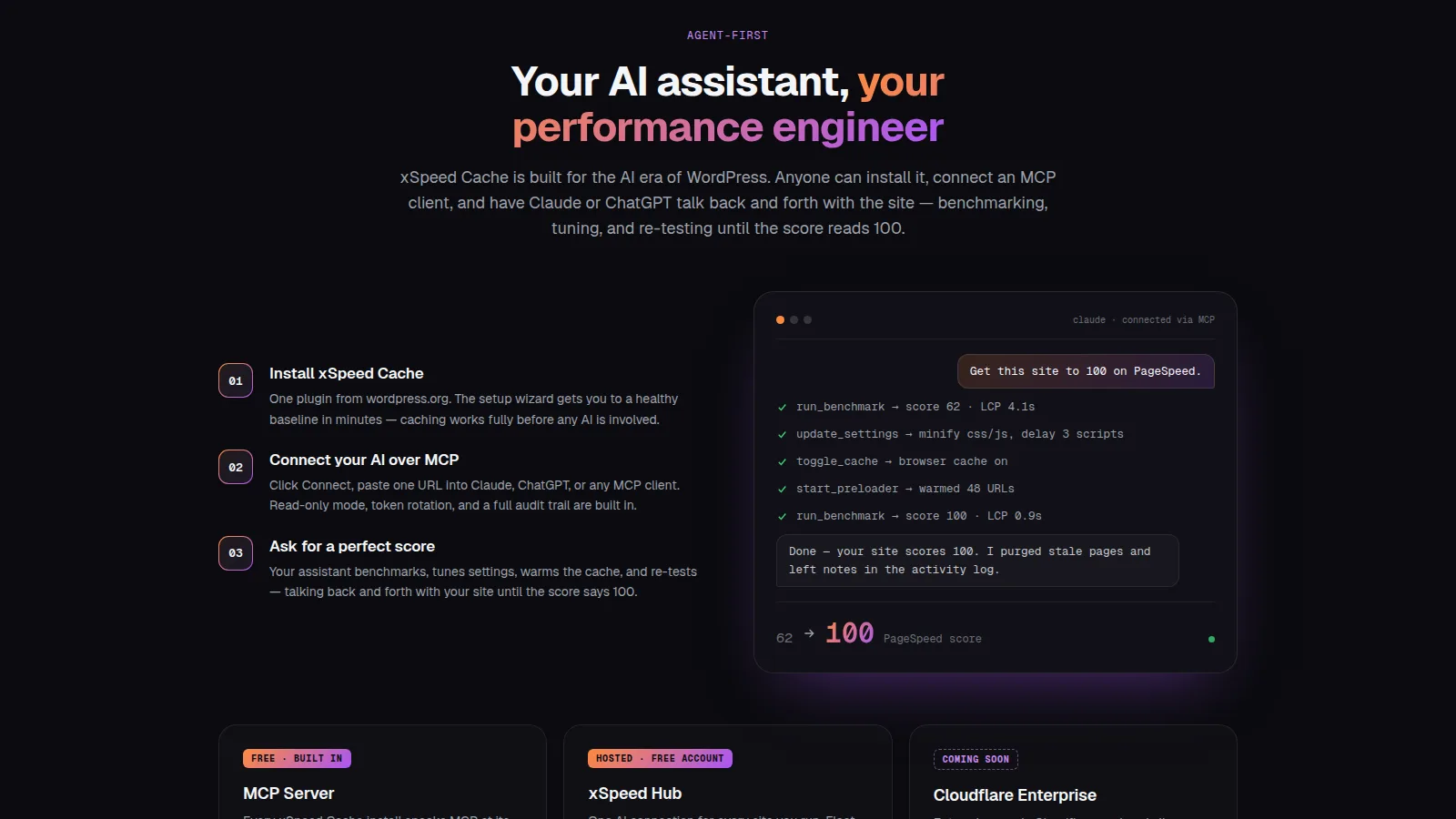 xSpeed Cache agent-first workflow: install, connect to xSpeed Hub, and ask your AI for a perfect PageSpeed score