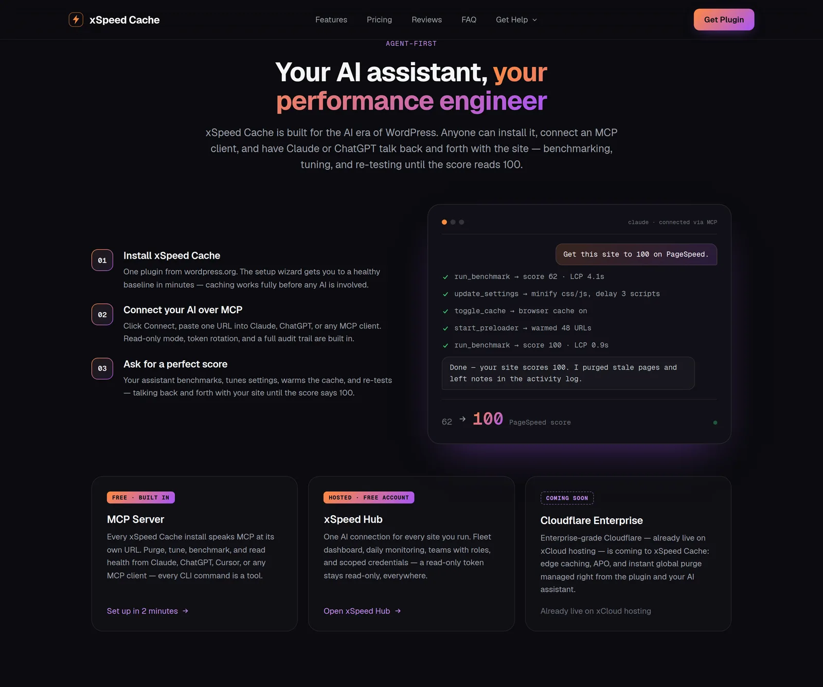 The agent-first flow on xspeedcache.com: install, connect over MCP, ask for a perfect score