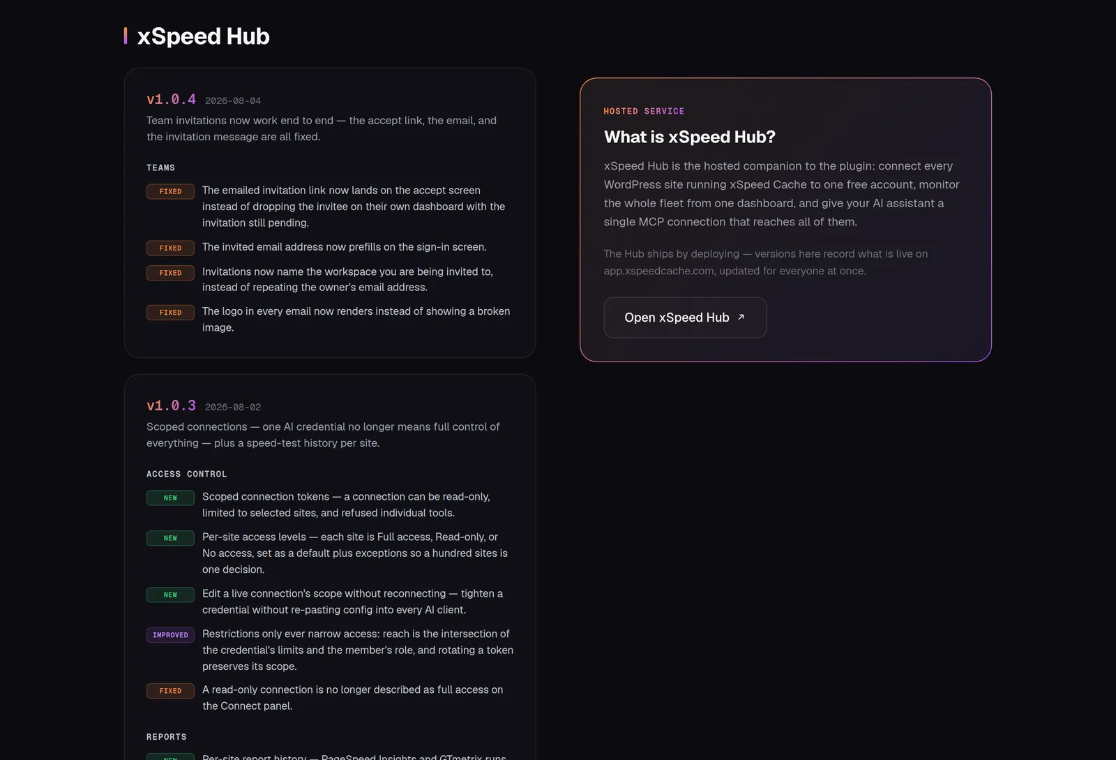 xSpeed Hub release notes and the Hub explainer on the changelog page